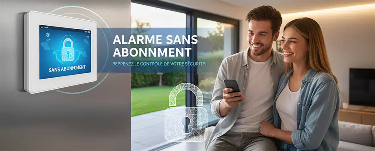 Personne activant une alarme sans abonnement via une application mobile, pour une sécurité contrôlée à distance, sans engagement ni frais récurrents.