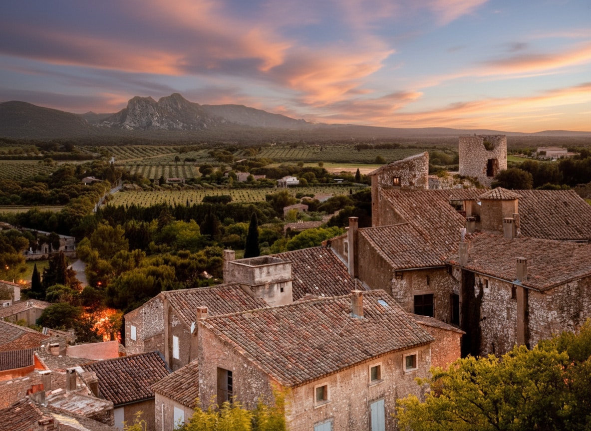 Eygalieres-alarme Vue d’ensemble du village d’Eygalières au coucher du soleil, symbole de la tranquillité et de la sécurité en Provence.