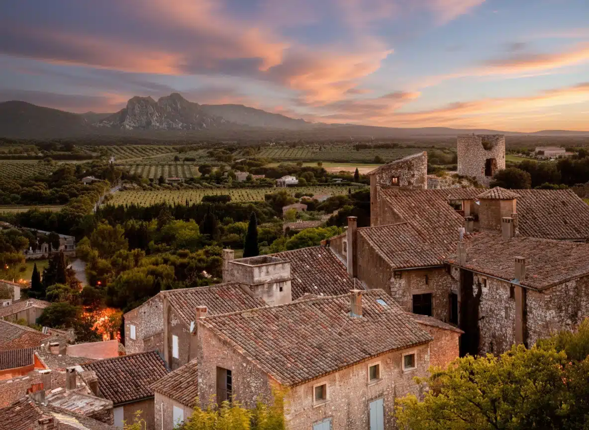Vue d’ensemble du village d’Eygalières au coucher du soleil, symbole de la tranquillité et de la sécurité en Provence.