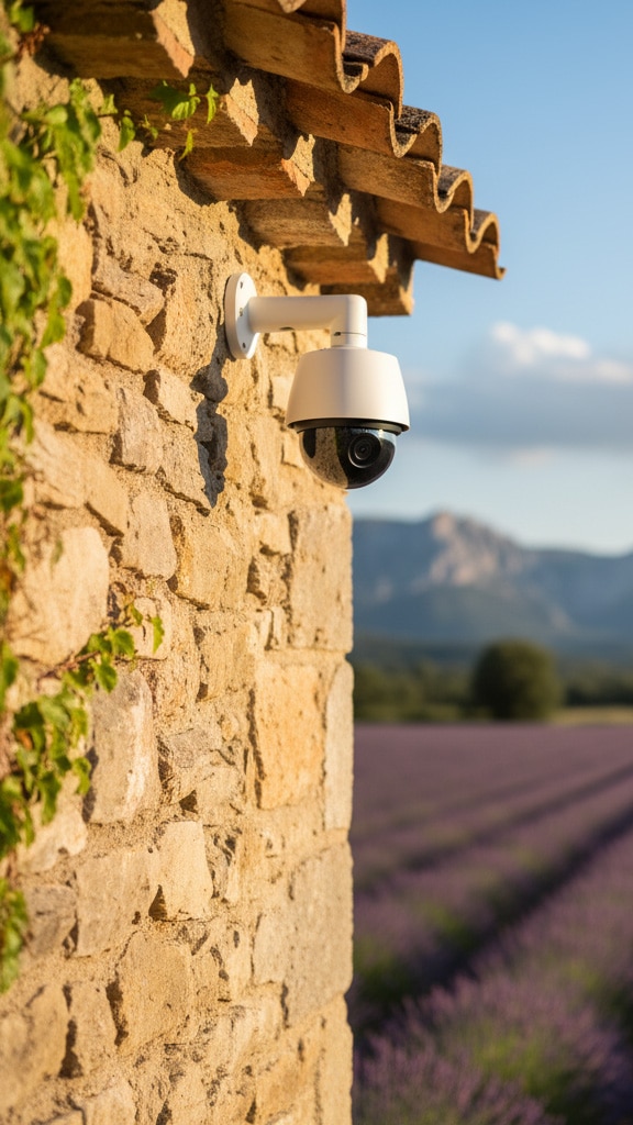 alarme-exterieur-eygalieres Caméra de surveillance installée sur une maison en pierre face à un champ de lavande en Provence, symbole de sécurité et de sérénité rurales.