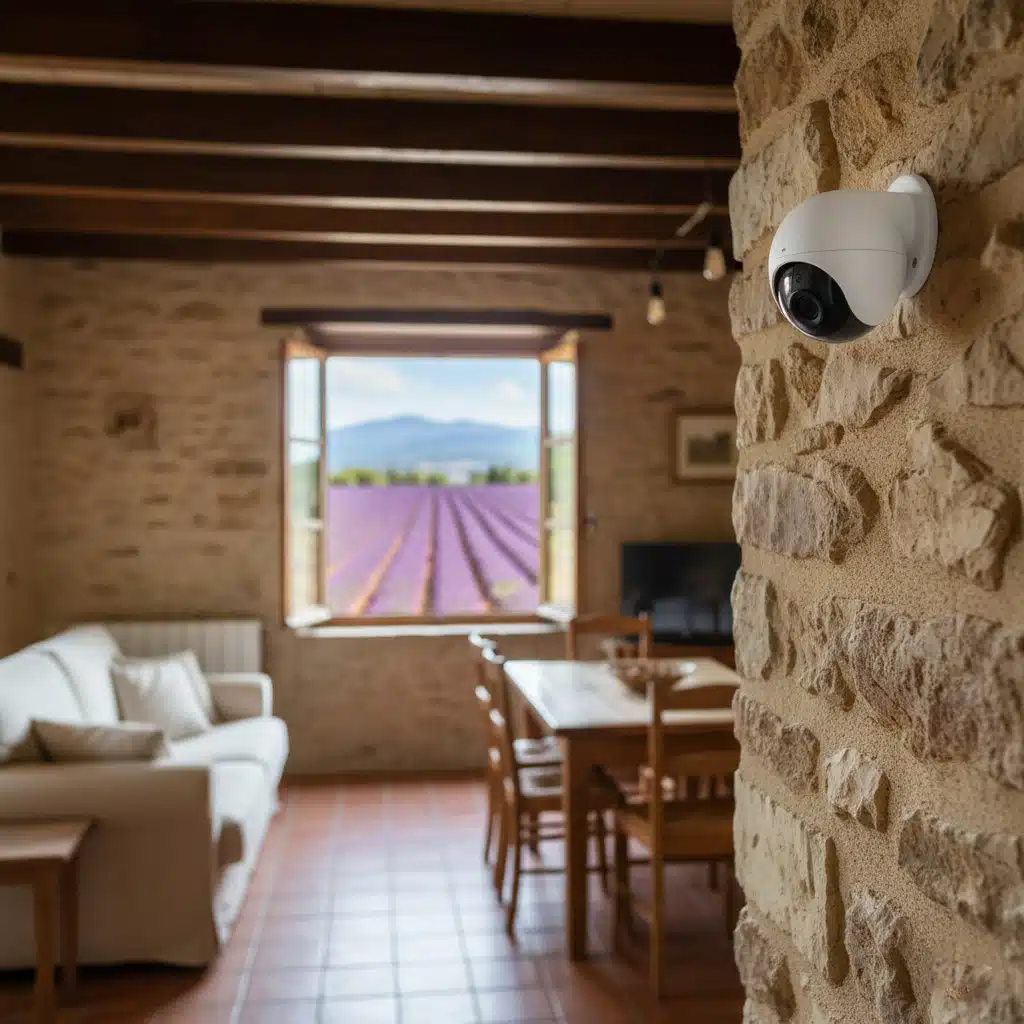Caméra de surveillance installée à l’intérieur d’une maison en pierre avec vue sur un champ de lavande en Provence.