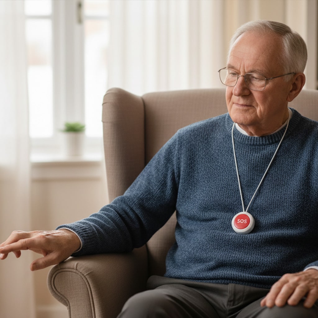 crise-cardiaque Homme senior avec lunettes, assis dans un fauteuil, portant un pendentif d'alarme médicale SOS.