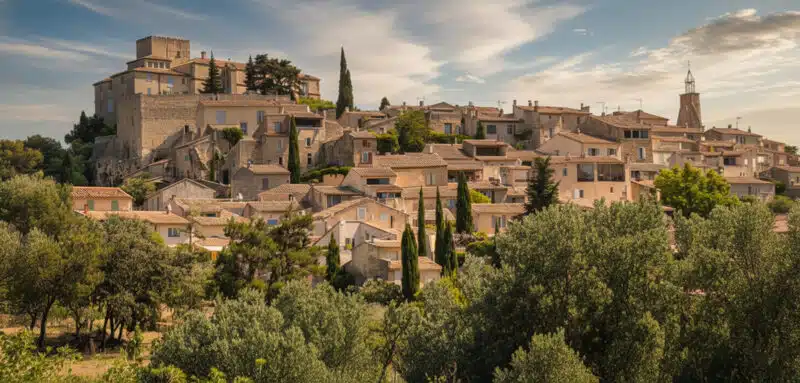 Vue panoramique de Pertuis, village du Vaucluse, avec ses maisons en pierre et son environnement verdoyant; région desservie par Alarme Vullo pour l’installation de systèmes d’alarme et de sécurité.