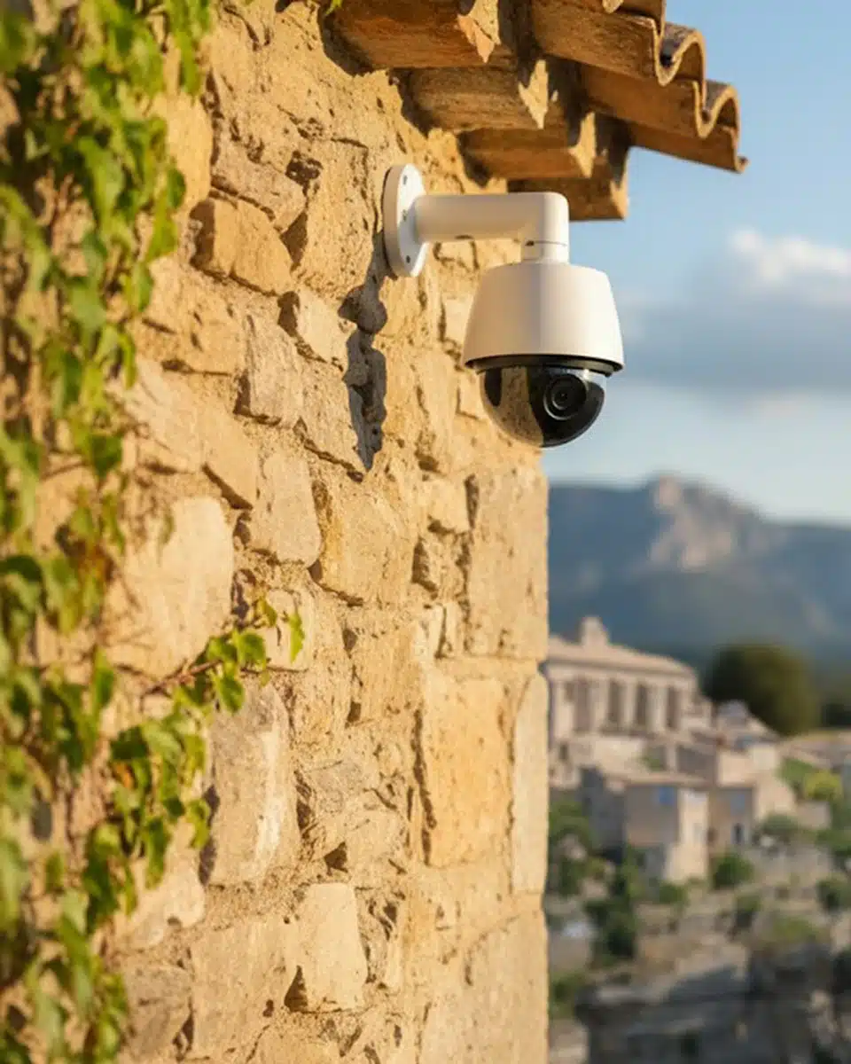 Caméra de sécurité fixée sur un mur en pierre avec la ville de Gordes en arrière-plan, illustrant un dispositif de vidéosurveillance à Gordes.