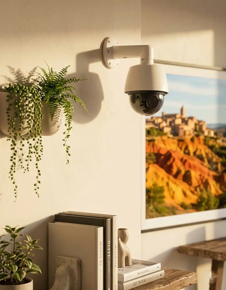 alarme-monfavet Caméra de surveillance intérieure fixée au mur, intégrée à un système d’alarme sans abonnement pour protéger un domicile avec vidéosurveillance autonome.