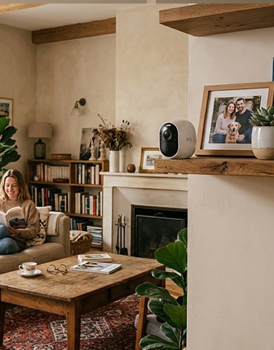Salon chaleureux avec une caméra de surveillance connectée sur une étagère, illustrant l’installation d’une alarme apt pour sécuriser un appartement.