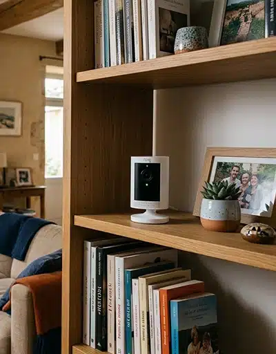 Caméra de surveillance intérieure installée sur une étagère dans un salon moderne pour sécuriser une maison à Carpentras