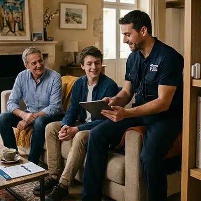 alarme-carpentras-conseil-400×400 Technicien installant un système d’alarme chez une famille dans un salon à Carpentras