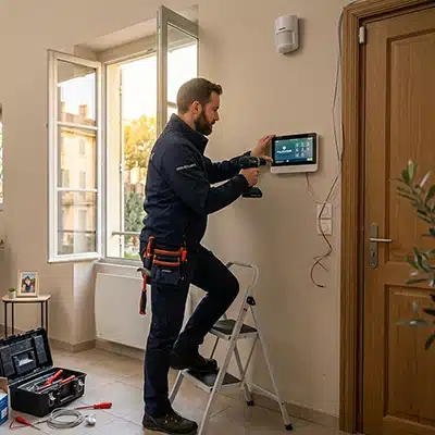 alarme-salon-vedene-400×400 Technicien installant une alarme maison avec écran de contrôle et détecteur de mouvement dans un logement à Vedène.