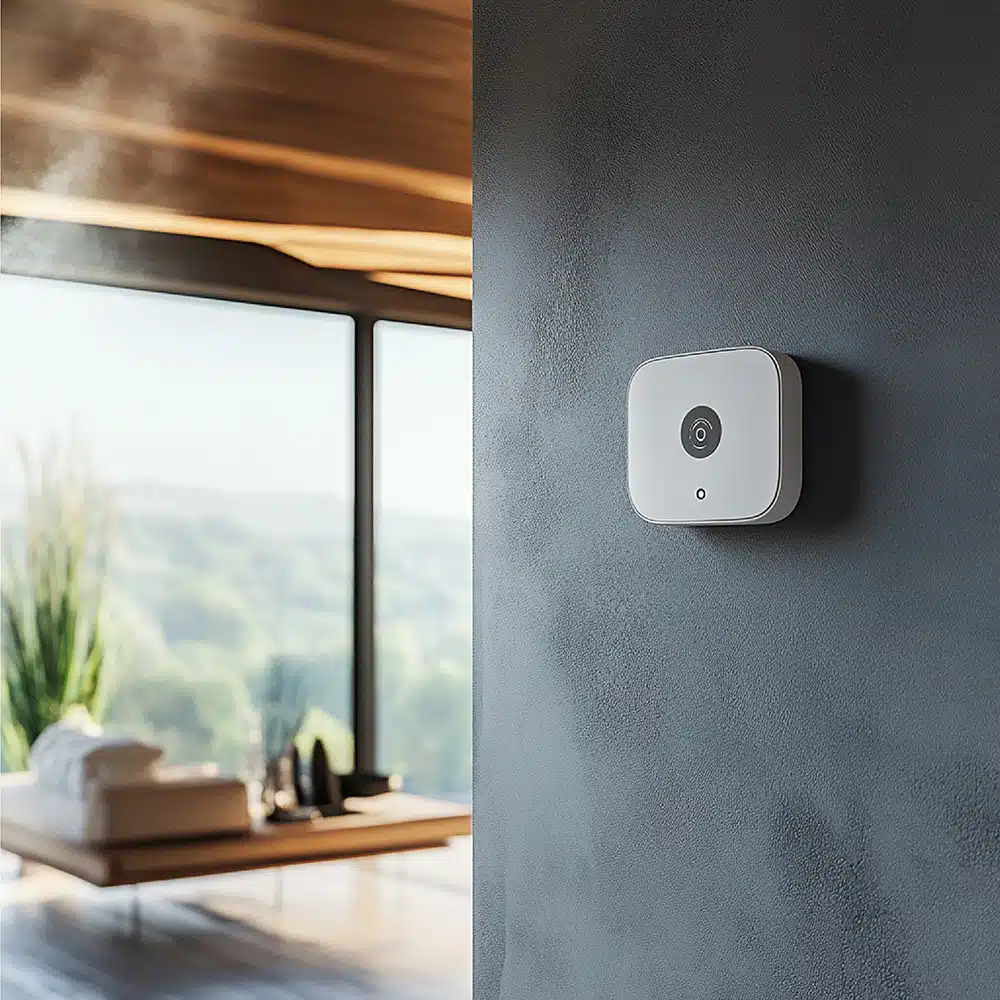 alarme-sans-abonnement Capteur d’alarme maison fixé au mur dans un intérieur moderne avec vue sur un salon lumineux