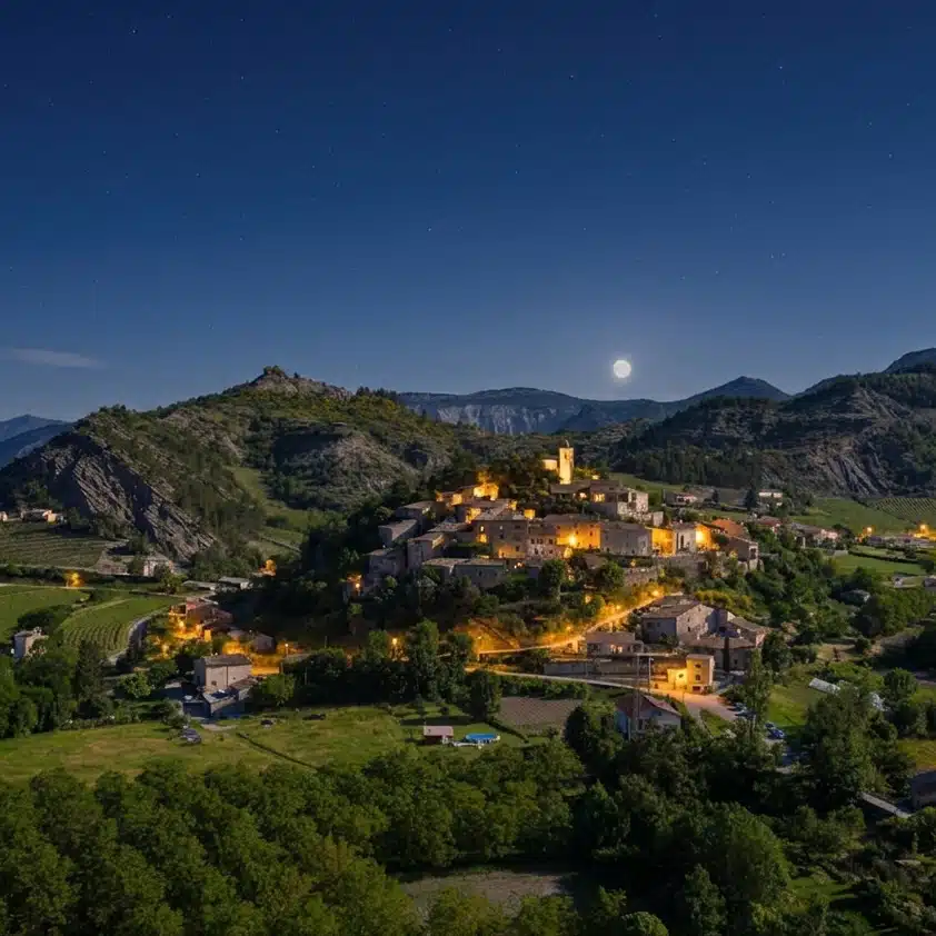 Aurel de nuit en Provence Village d'Aurel illuminé de nuit au cœur de la Provence, illustrant les services d'installation d'alarme à Aurel pour protéger les maisons et les résidences.