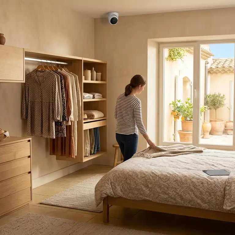 Caméra dans la chambre des parents Caméra de surveillance installée dans la chambre des parents pour sécuriser le logement et surveiller les accès en toute discrétion