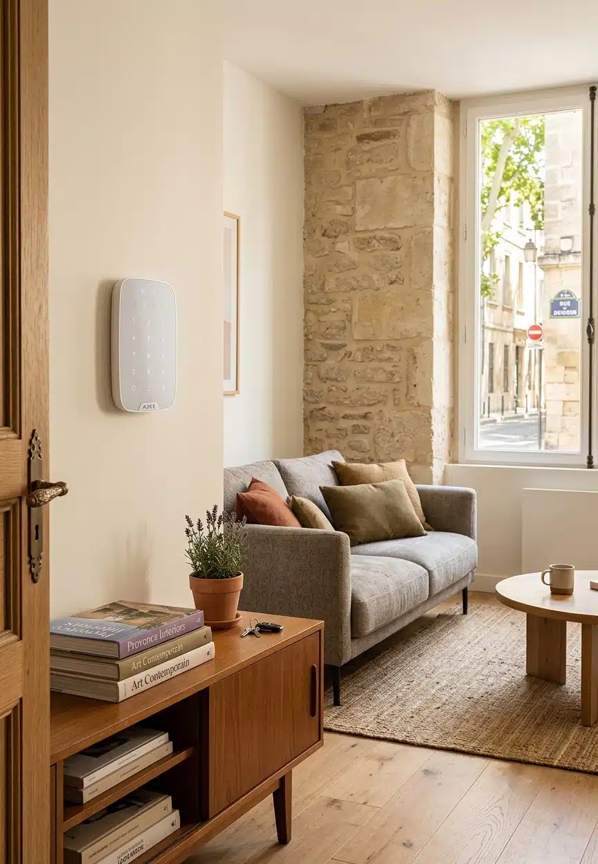 alarme-dans-un-salon Clavier d'alarme installé dans une maison à Aubignan, permettant de piloter un système de sécurité moderne pour protéger l'habitation contre les intrusions.