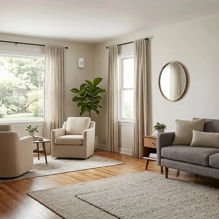alarme-salon Caméra de surveillance installée dans une chambre moderne pour renforcer la sécurité du logement et surveiller l'intérieur en cas d'absence.