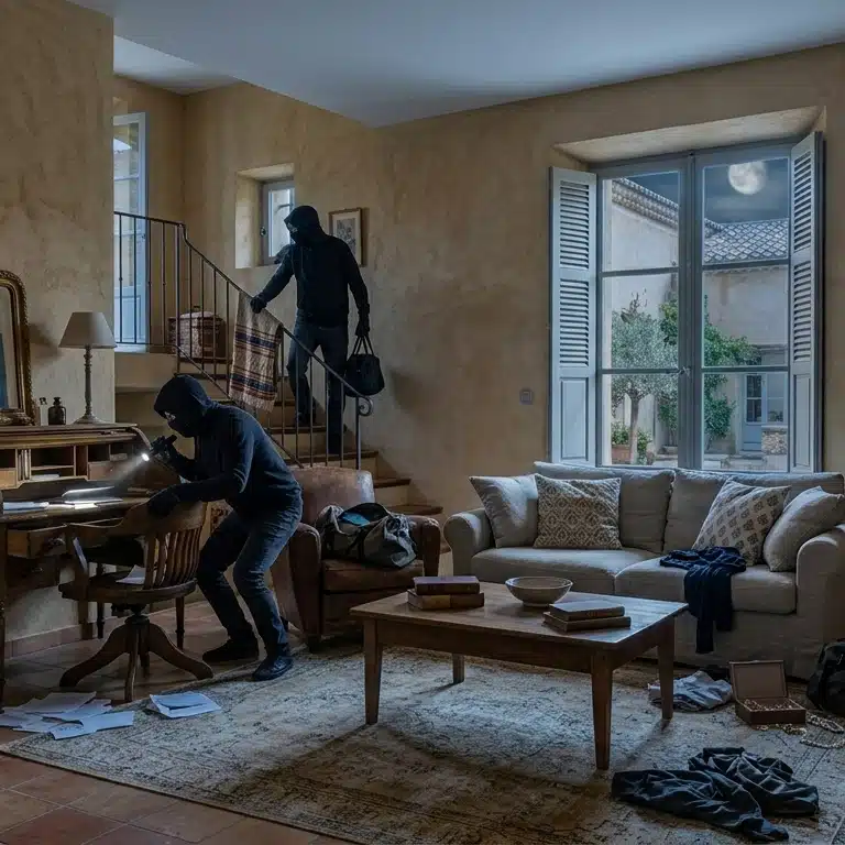 Cambriolage dans une habitation Scène de cambriolage dans une maison avec deux intrus fouillant le salon pendant la nuit, illustrant les risques d'une intrusion à domicile.