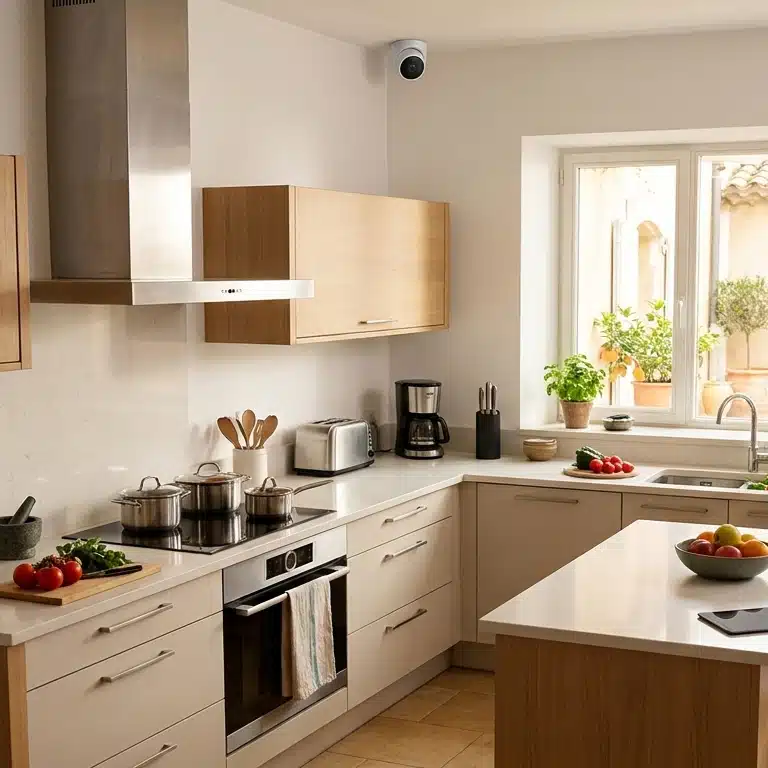 Caméra de surveillance dans une cuisine Caméra de surveillance installée dans une cuisine moderne pour sécuriser l'intérieur de la maison et surveiller les accès en toute discrétion.