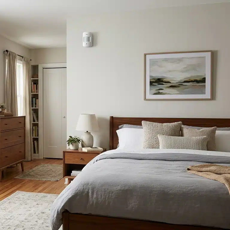 Détecteur de mouvement dans une chambre Détecteur de mouvement installé en hauteur sur le mur d'une chambre moderne pour renforcer la sécurité de la maison et détecter toute présence suspecte.