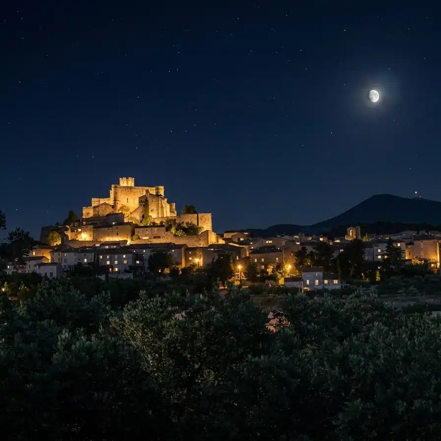 lebarroux Vue de Le Barroux de nuit avec son château médiéval illuminé sous un ciel étoilé et la lune, au cœur de la Provence.