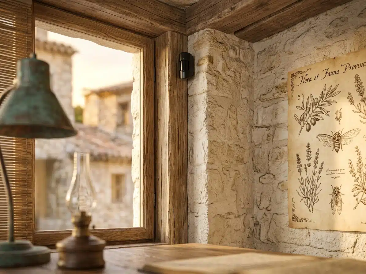 althen-des-paluds Installation d’une alarme à Althen-des-Paluds avec détecteur discret fixé dans un intérieur en pierre et bois.